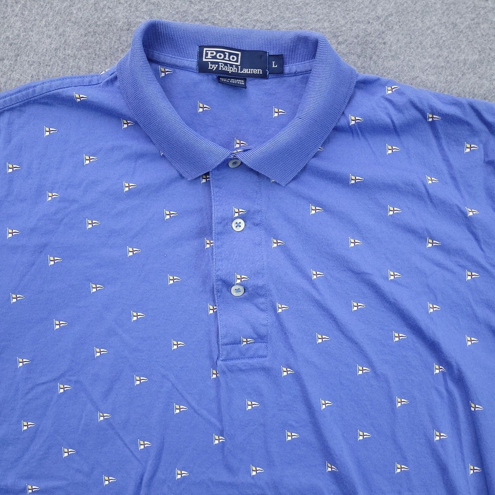 Polo Ralph Lauren Polo Shirt Mens Large Blue AOP Yacht Flag Cotton Knit VTG Y2K